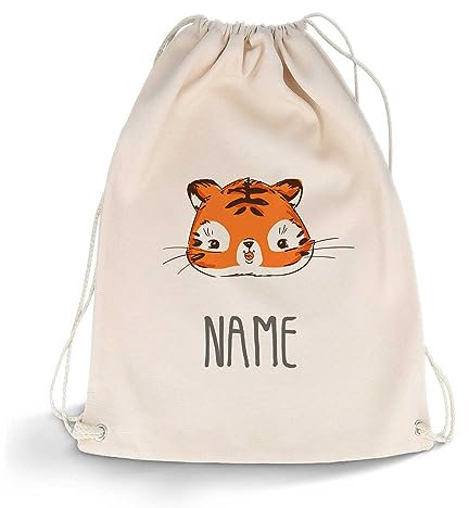GRAVURZEILE Bedruckter Turnbeutel - Tier mit Wunschnamen - personalisiert mit Namen - Sportbeutel Rucksack Daypack Gymbag mit Kordelzug - für Sport & Freizeit - 12l 33x45 cm - Farbe: Tiger