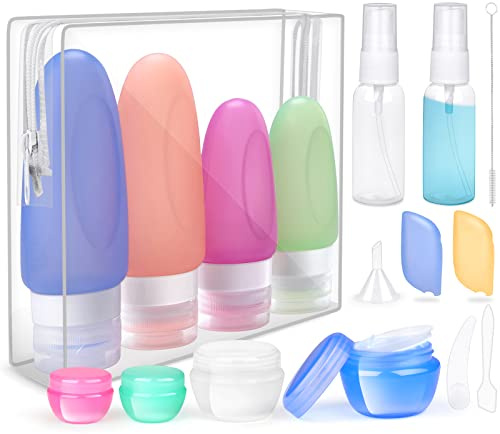 Opret Flacon de Voyage en Silicone, 18 Pcs 89ml Étanches Bouteille Vide Contenant Kit avec Étiquettes pour Shampoing, Lotion et Accessoires de Voyage, Approuvé par FDA sans BPA