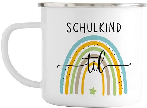 Einschulung | Emaille Tasse Regenbogen Motiv | Schule | Emaille Tasse | personalisiert | Namenstasse | Schulkind | Regenbogen (Regenbogen Blau-Grün - Rand Silber)