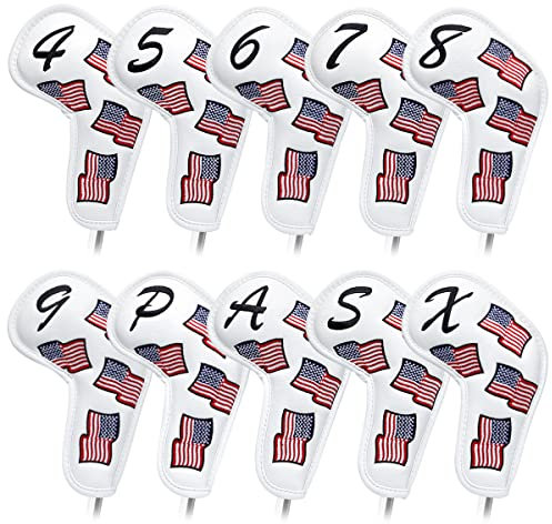 US Flag Golf Iron Covers Headcovers - 10pcs Patriotism Golf Club Covers for Irons - White Synthetic Leather Golf Iron Wedge Head Covers fits for PXG, Taylormade, Mizuno JPX MP, Etc.