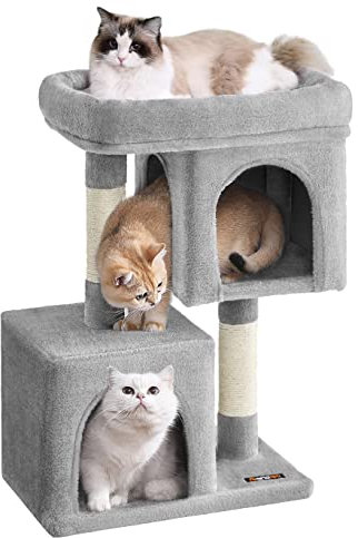 FEANDREA Cat Tree, 74 cm Cat Tower, M, Cat Condo for Medium Cats up to 5 kg, Large Cat Perch, 2 Cat Caves, Scratching Post, Light Grey PCT612W01, 49 x 32 x 74 cm