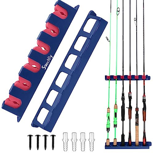 Monsully Porta Canne da Pesca da Muro Portacanne Parete Supporto Parete Verticali 6 Canne per Garage, Negozi di Barche, 1 Paio (Blu e Rosso)