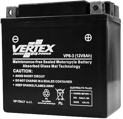 Vertex VP8-3 Sealed AGM Motorcycle/Powersport Battery, 12V, 8Ah, CCA (-18) 120, Replaces: YB7L-B. Perfect battery for Motorcycle, ATV's, Personal Watercraft and Snowmobiles.