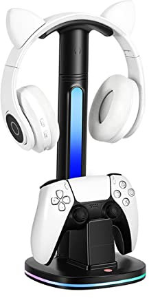 Ladestation für PS5, Griff und Kopfhörer Dock, Dual USB Ladegerät, Game Controller Ladestation Zubehör mit LED Anzeige