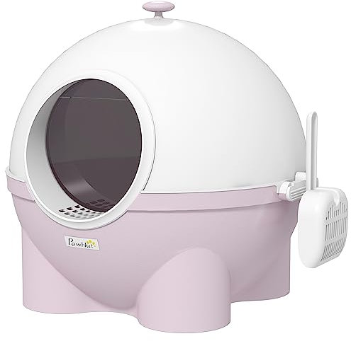 PawHut Large Cat Litter Box, Hooded Cat Litter Tray with Lid, Scoop, Top Handle, Front Entrance, 53 x 51 x 48cm - Pink