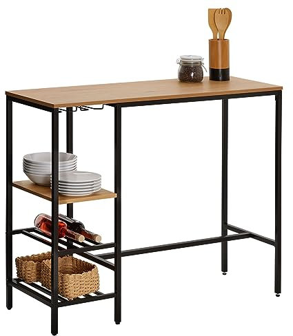 CARO-Möbel Bartisch NELAS in schwarz/Wildeiche, Thekentisch im Industrial Stil aus Metall und MDF/Spanplatte, Konsolentisch Vintage Industrial Style mit 3 Ablagen und 2 Weinglashalter