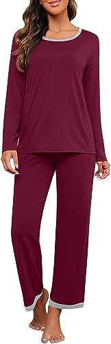 PrinStory Schlafanzüge Für Damen Lange Ärmel Nachtwäsche T Shirt Schlafanzughosen (Weinrot, M)
