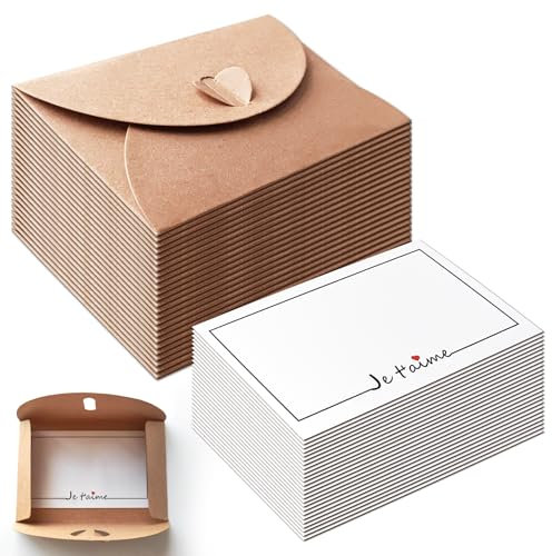 25 Pièces Mini Enveloppe Kraft avec 25 Cartes Vierges, 10.6×7.6cm Enveloppes en Papier Kraft avec Cartes en Papier Vierges pour Noël Thanksgiving Invitation au Mariage Cartes Vœux Fête (Je t'aime)