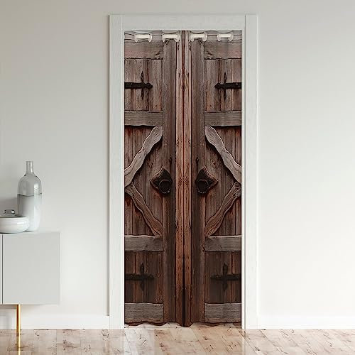 richhome Rustikaler Bauernhaus Tür Vorhang, Brown Holz Scheune Türen Blackout Vorhang für Kinder Jungen Teens Männer, Metall Tür Schrank Tür 1 Panel 106x203
