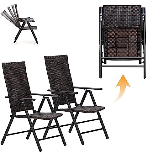 MFSTUDIO Gartenstuhl, Klappstuhl 2er Set, Bequeme und Ergonomischer, 7 Verstellbare Positionen, Polyrattan Balkonstuhl mit Armlehne, Garten Balkon Terrasse Sessel