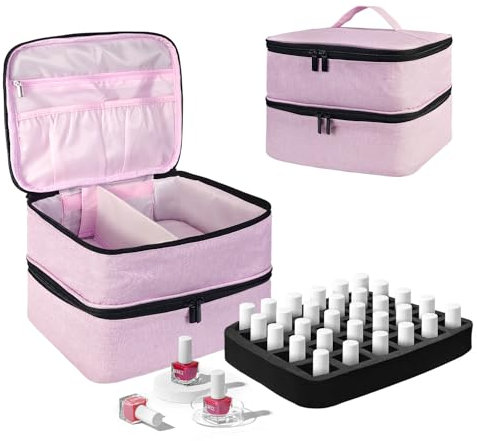 BOHEMIABY Nagellack Organizer Tasche, Doppelschicht Nagellack Aufbewahrung Box, Organizer Koffer für Nageldesign Kosmetiktasche für 30 Flaschen Neonail Base(15ml-0.5 FL.Oz) & 1 Nagellampe(Pink)