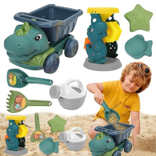Sandspielzeug Set, Dinosaurier Sandspielzeug mit Muldenkipper, Gießkanne, Schaufel und Rechen, Netzbeutel, Tiersandformen, Sandburg für Sandkasten Camping Jungen Mädchen 3 4 5 6 7 8 Jahre (B)
