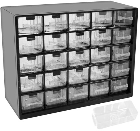 Sutowe 25 Small Drawers Storage Containers Stackable Cabinet with 50 Removable Dividers 11.5x8.9x4.8'' Clear Desk Organizer Tabletop Caddy Organization Box for Jewelry Makeup Hardware Sewing Craft