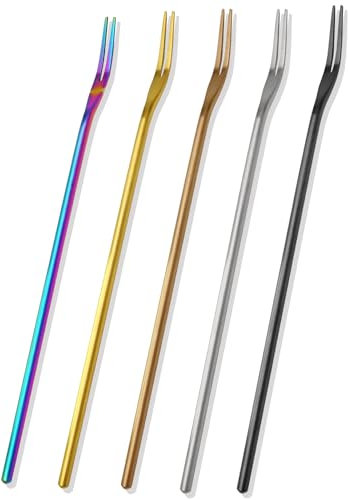 Hordion 5 Pcs Pickle Fork Olive Forks, 8.66 Inches Long Handle Appetizer Forks Stainless Steel Cocktail Forks, 2 Prong Fruit Fork Pickle Grabber, Multicolor
