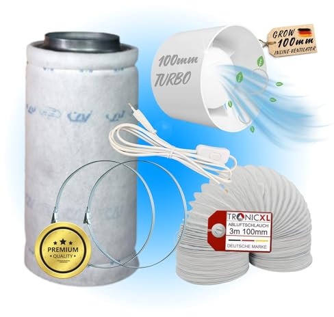 TronicXL Grow Abluft Set 100mm leise Belüftungsset für Growbox Aktivkohlefilter Lüfter Abluftlüfter Abluftschlauch mit Kabel Schalter kompatibel mit Mars Hydro Kingpower Vivosun Secret Jardin Zelt