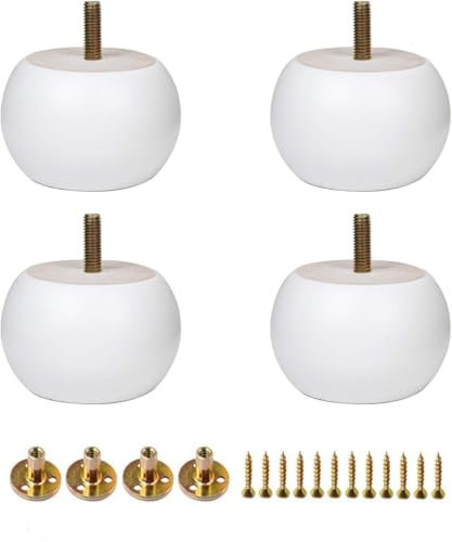 Metany 4PCS Wooden Furniture Legs 2inches, Bolt-On, Classic Style, White, Round, Bun Feet for Sofas, Beds, Benches, End Tables, Dressers, DIY Projects, Upcycling