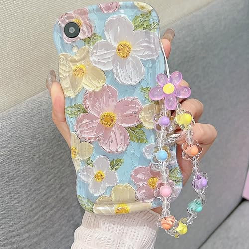for iPhone XR Curly Wavy Case, Cute Colorful Retro Oil Painting Flower Glossy Pattern [with Bead Chain], Slim Fit Shockproof Protective Cover for Girls Women (Green)