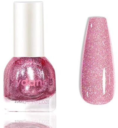 Glitter Nail Polish - Sparkly Nail Polish Pink Refletive High Shine - Bright Pink High-Density Shimmer Nail Varnish - Air Dry Holographic Pink Reflective Nail Art No Chip Fast Dry
