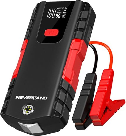 NEVERLAND Jump Starter Power Pack - 6000A Car Battery Booster Jump Starter (Up to 8.5L Gas & 8L Diesel), 4 Modes LED Lights Safe Jump Box for Car Battery, with 2 USB Ports Power Bank, Compass, Red