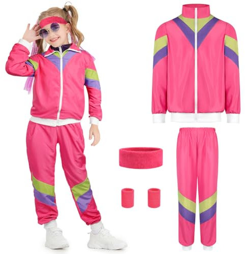 AYBUY 90er 80er Jahre Outfit Kinder, New Kids Kostüm 80er Jahre Trainingsanzug Disco, Jacke und Hose, Jogginganzug, Bad Taste Outfit, Retro-Style, Karneval, Mottoparty, Rosarot, M (125-140cm)
