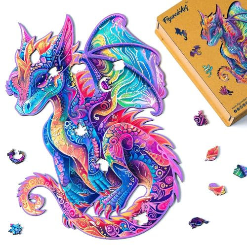 Figured'Art Holzpuzzle Erwachsene und Kinder 200 Teile Tiere - Lebendiger Drache - Originelles Design 30,4x41,1 cm Einzigartige Form mit Premium-Holzkiste