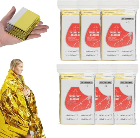 YADOBIG 6 Stück Rettungsdecke, 160 x 210cm Rettungsdecke Gold Silber für Outdoor, Wandern, Überleben, Kälte, Hitzeschutz, Wasserdicht, Wiederverwendbar Notfalldecke