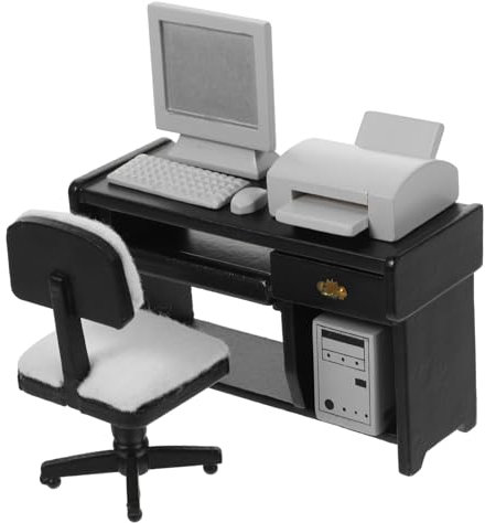 VANZACK 1Satz Mini Büro Schreibtisch Computer Modell Für Puppenhaus Bürominiaturen Dekoration Mit Stuhl Computer Tastatur Und Drucker