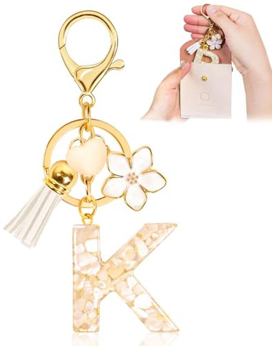 Fengguock Schlüsselanhänger Schlüssel Buchstabe Anhänger Schlüsselanhänger mit Anfangsbuchstaben Herzförmig Mädchen Keychain mit Blume Geschenk für Mädchen-K