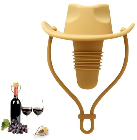 Cowboy Hat Wine Stopper - Silicone Wine Bottle Stopper for Wine, Champagne, Vodka - Fun Creative Design, Preserves Freshness - Easy to Clean & Reusable - Gift for Decorative Wine Lovers (Yellow)