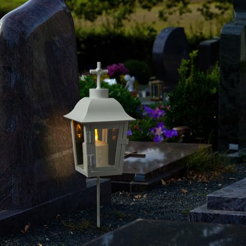 Grablaterne mit beiger LED Kerze Grablicht mit 2 wechselbaren Spitzen (Kugel, Kreuz) und Erdspieß Grableuchte Grablampe Friedhofslaterne Gartenlaterne weiß (Laterne mit Kerze/Typ3)