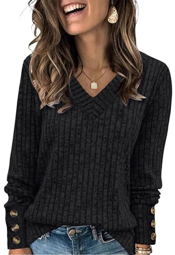 WIHOLL Long Sleeve Tops Women V Neck Jumpers Ladies Lightweight Sweatshirts Button Ladies Tops Size 18-20 Black