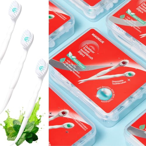 Vonmerie 20 Stück Einweg-Zahnbürsten mit Zahnpasta, 4-in-1 (vorgebunden | Zungenschaber | Frischer Atem | Zahnstocher) Mini-Zahnbürste, vorpastete Zahnbürste für Reisen, Perle Minzgeschmack
