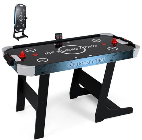 COSTWAY Folding Air Hockey Table, 144cm Full Size Arcade Game Table with 12V Motor, Digital Scoreboard, 2 Pucks, 2 Pushers, for Kids Adults
