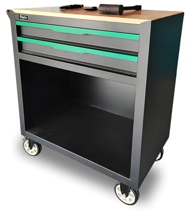 Gripliner Mobile Tool Cart with 2 Drawers, Wooden Top, Black and Green, Rolling Workshop Storage Cabinet with Wheels