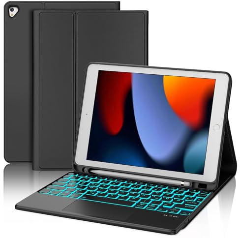 JADEMALL Für iPad 6. Generation Hülle mit Tastatur, Touchpad & 7-Farben Backlight, Abnehmbare Bluetooth Tastatur für iPad 5./6. Gen, Pro 9.7, Air 1 & 2, QWERTZ Deutsch – Schwarz