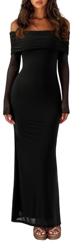 REORIA Women Off Shoulder Long Sleeve Dress Elegant Sexy Stretch Mesh Double Lined Slim Trendy Long Dresses