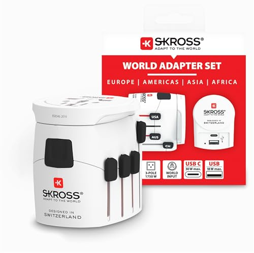 SKROSS PRO World + USB AC30PD Universal Travel Adapter | 1 USB A Port & 1 USB C Port, International Adapter for UK, EU, USA, AUS & More, USB Fast Charger Included