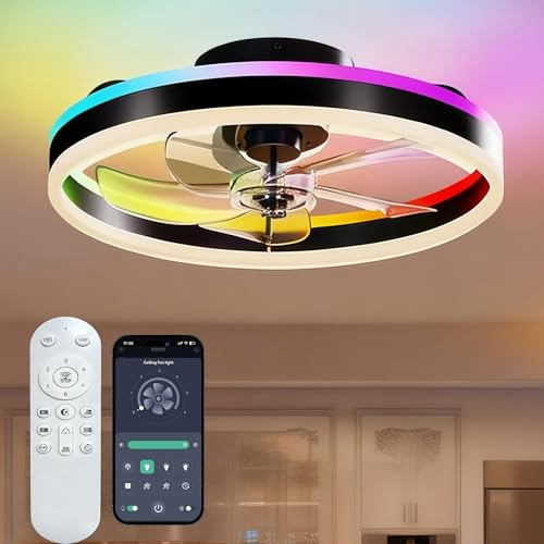 RGBCW Ceiling Fan with Lights, 60cm Smart LED Ceiling Fan Light Fully Assembled, 10 Dynamic RGB Modes, App/Remote Control, 7000LM Dimmable, 6 Speeds Reversible, Quiet Fan Light for Bedroom Living Room