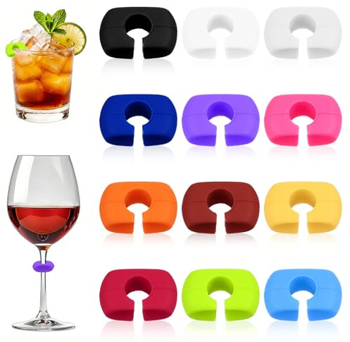 Kynigo 12 Pcs Wine Glass Charms Markers, Silicone Drink Markers Wine Charms for Stem Glasses Champagne Flutes Cocktails, Colorful Silicone Reusable Drink Marker Tags for Bar Weddings Birthday Party