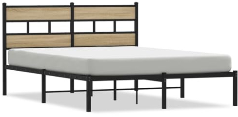 Owoxanthellate Metallbett 160x200 cm Schwarz Sonoma Eiche Modernes Bettgestell mit Kopfteil & Stauraum Lattenrost für Doppelbett Schlafzimmer Gästezimmer Jugendzimmer