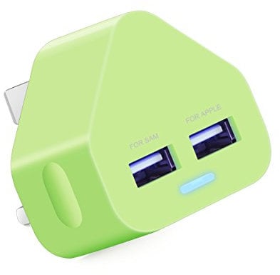 AMG Global Dual 2AMP/2000mAh Fast Speed Universal USB Mains Charger with Smart IC UK Plug For iPhone/iPad/iPod/Samsung Galaxy Tab/HTC/Windows Phone/Tablet & USB Socket Devices - Green