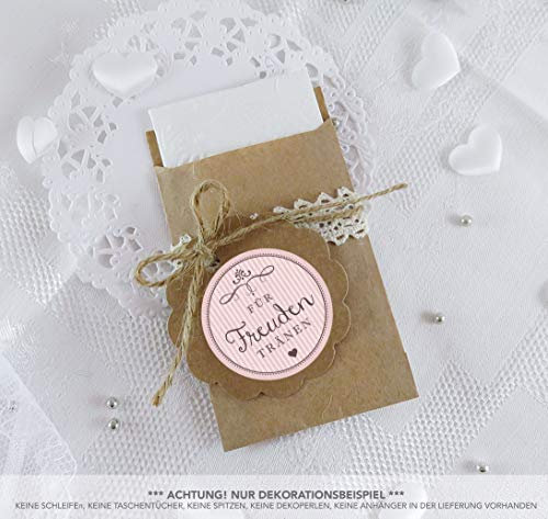 Freuden Tränen Taschentücher Set zur Hochzeit Klein 24 Sticker + 24 braune Flachbeutel - Kraftpapier - 63 x 93 mm Wedding Freudentränen Taschentuch Verpackungen Aufkleber ROSA RETRO VINTAGE STYLE