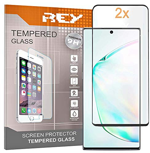REY Pack 2X 3D Bildschirmschutz aus gehärtetem Glas für Samsung Galaxy NOTE10+, Note 10 Plus, Schwarz, Displayschutzfolie 9H+ Härte, Anti-Kratzen-Öl-Bläschen, Voller Schutz, 3D, 4D, 5D