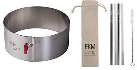 Lares 6003 Tortenring mit Klemmhebel, Edelstahl, Durchmesser, Ø 17-30cm + Gratis 4er Set EKM Living Edelstahl Trinkhlme