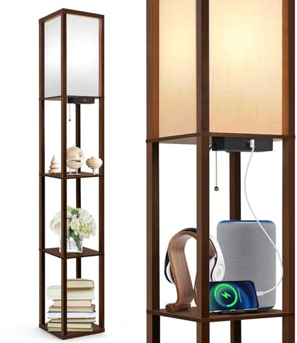 OUTON Floor Lamp with Shelves, LED Column Modern Floor Lamp with USB & Type C Port, 3 Color Temperature, Wooden Standing Lamp with White Linen Shade for Living Room, Bedroom, Office (Walnut Brown)