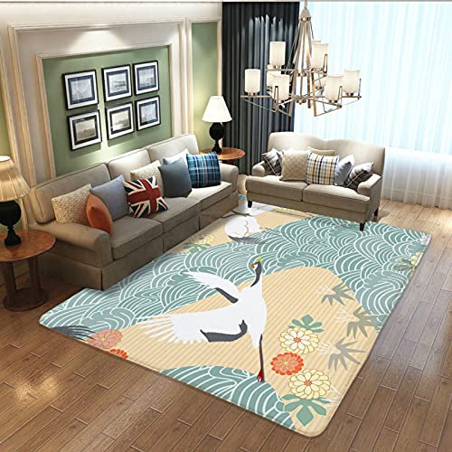 Teppich mit japanischem Kranich-Muster, rutschfest, schmutzabweisend, für Wohnzimmer, Schlafzimmer, Kinderzimmer, bedruckte Matte, Heimdekoration, große Größe, weicher Teppich, 200 x 150 cm