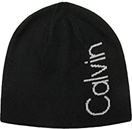 Calvin Klein Mens 2026 CK Logo Reverisible Striped Knit Beanie Hat