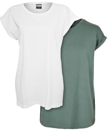 Urban Classics Women's Ladies Extended Shoulder Tee 2-pack T-Shirt, White+paleleaf, L