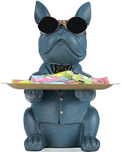 Estatua de bulldog azul de resina moderna para llaves, joyería de caramelos, pendientes, bandeja para decoración del hogar, arte moderno, decoración de mesa de comedor, oficina