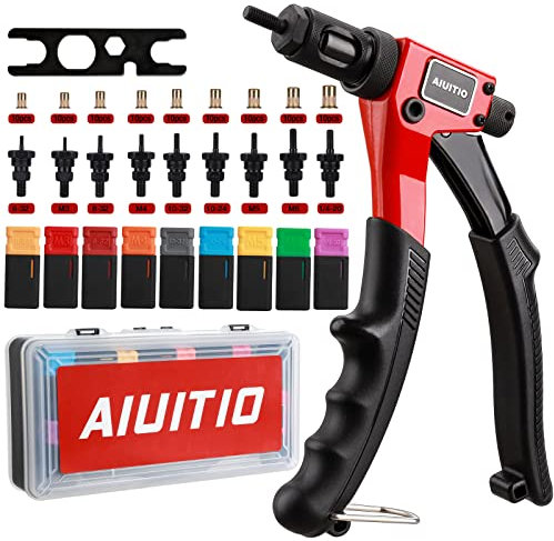 AIUITIO Outil professionnel pour écrous à riveter de 20,3 cm, kit de réglage d'écrous à rivets avec 9 mandrins métriques et pouces, 90 écrous à rivet, étui robuste, conçu pour les espaces restreints